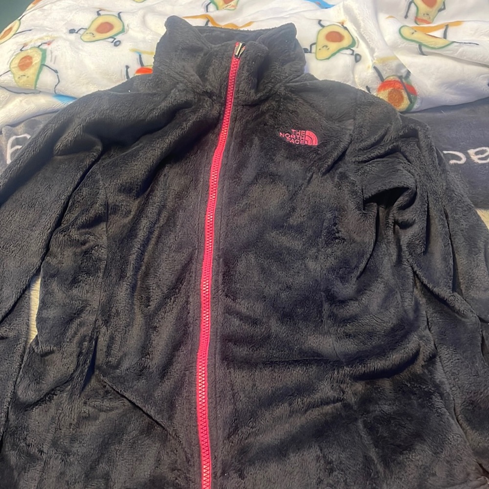 the north face grey and pink sip up jacket fluffy, size large in girls.